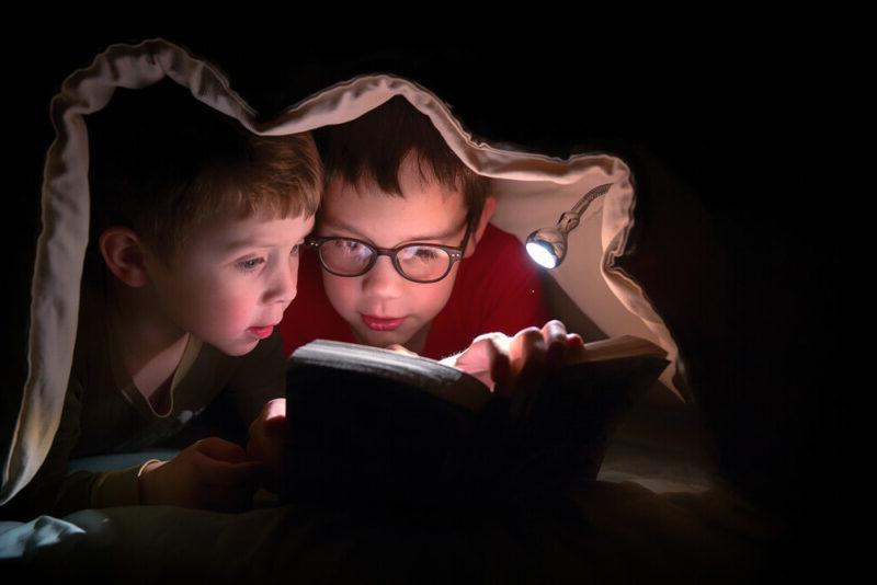 两个孩子拿着手电筒看书 